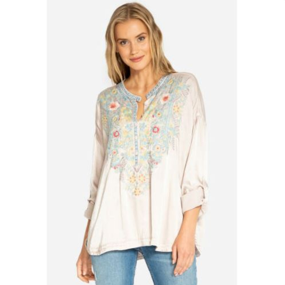 Johnny Was Reanne Satin Blouse Embroidered Large